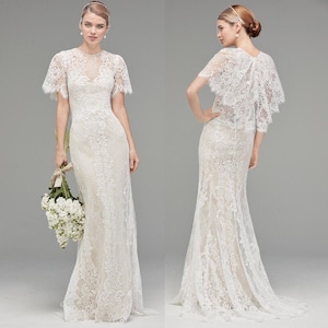 Gatsby Vintage boho 1970s Style Wedding Dress, White lace Vintage Wedding Gown, Butterfly Lace Cape Bridal Dress, Elegant Vintage Style