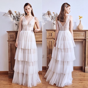 Taart Rok Tule Trouwjurk| A-lijn trouwjurk met pailletten en taartrok| Unieke bruidsjurk| A-lijn taart trouwjurk