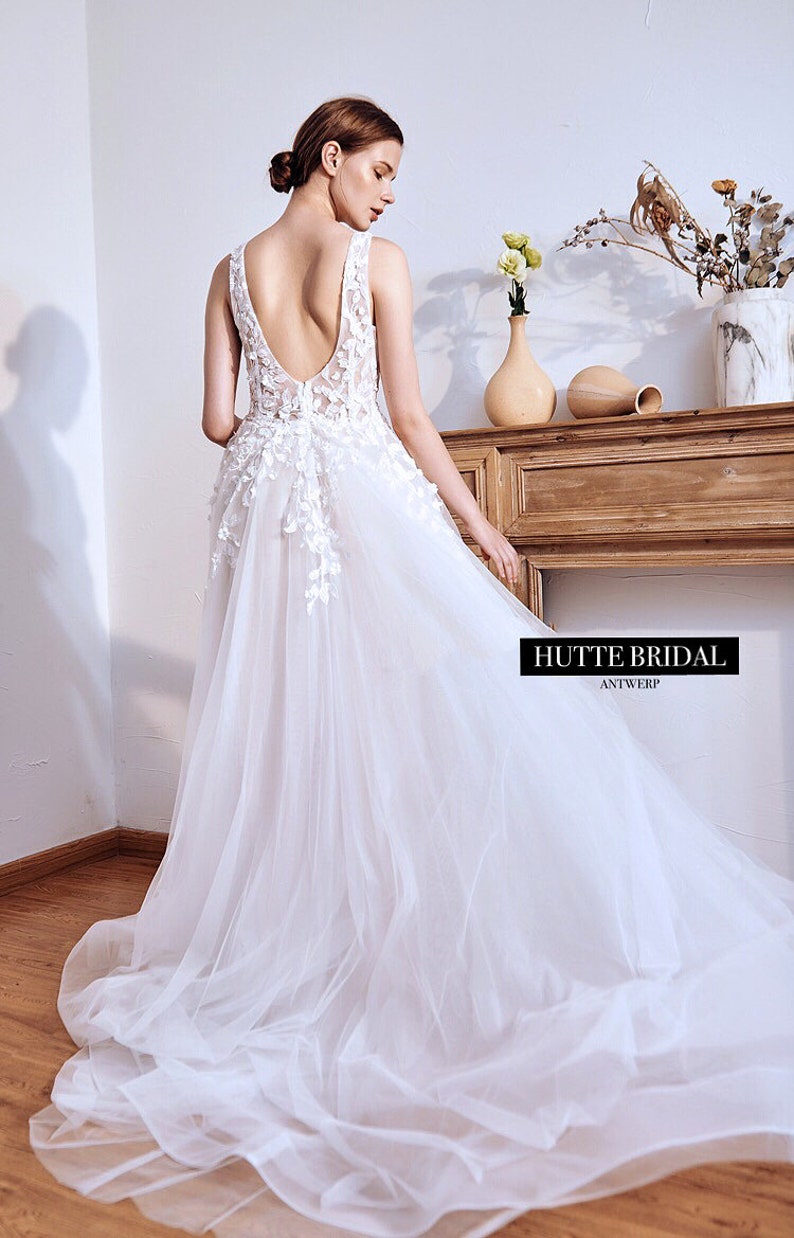 Leaf Applique Aline Wedding Dress Lace Aline Wedding Gown Etsy