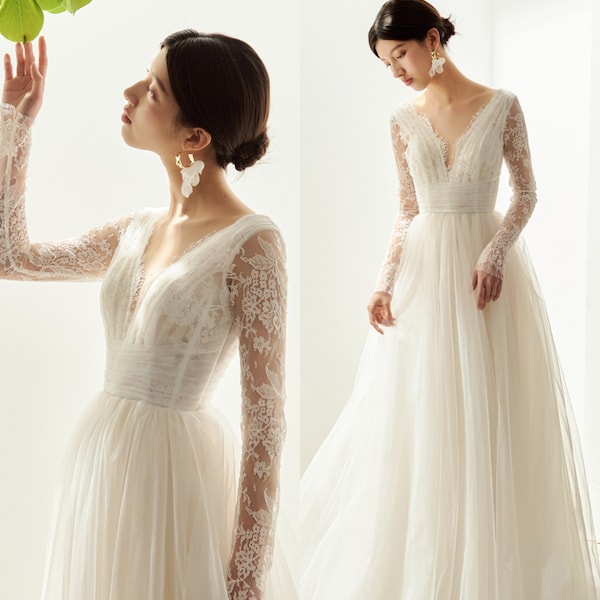 Robe de mariée trapèze en dentelle florale à manches longues | Robe de mariée trapèze en dentelle florale | Robe de mariée trapèze à manches longues en dentelle florale