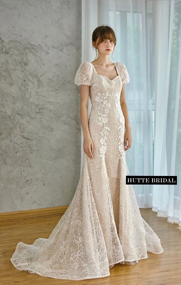 Puff-sleeve Mermaid Wedding Dress| Mermaid Bridal Gown| Classic Mermaid  Lace Wedding Gown| Mermaid Bridal Dress With Puff Sleeve - Etsy