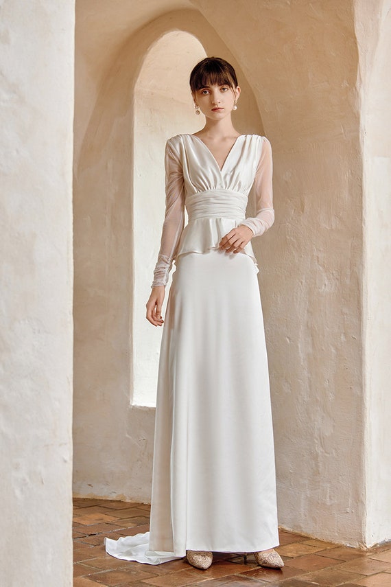 Satin A-line Vintage Style Wedding Gown| Vintage Style Bridal Dress|1960s Style  Bridal Dress| Satin Wedding Gown Long Sleeves - Etsy Hong Kong