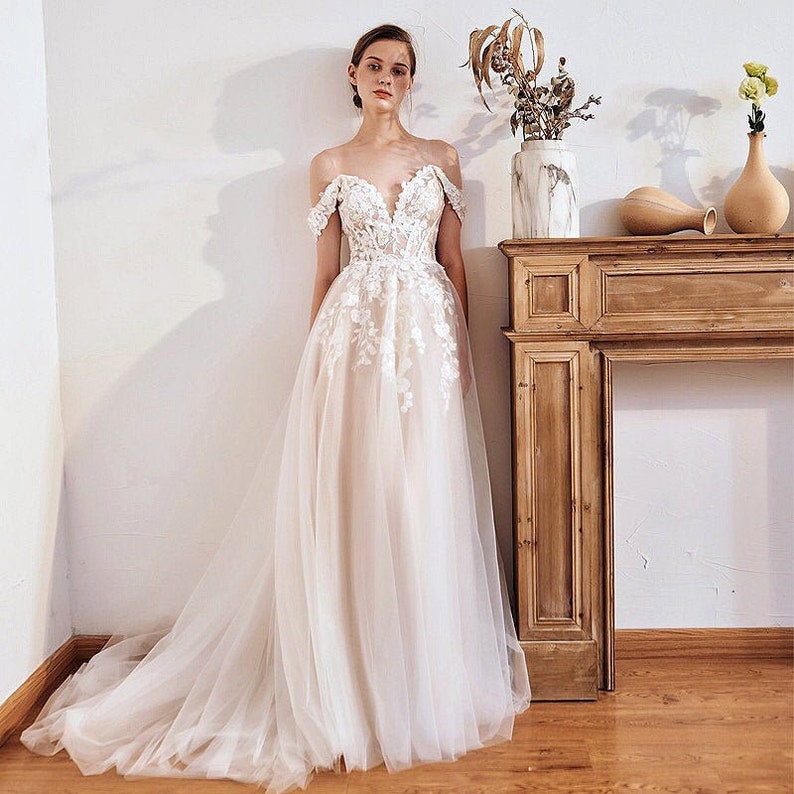 FLORAL A-line Off Shoulder Wedding gown with applique Lace image 1