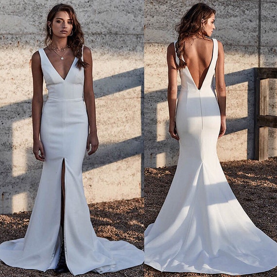 Crepe Mermaid Wedding Dress Crepe Trumpet Wedding Gown White Crepe Bridal  Dress Classic Mermaid Wedding Dress Deep V Open Back -  Canada