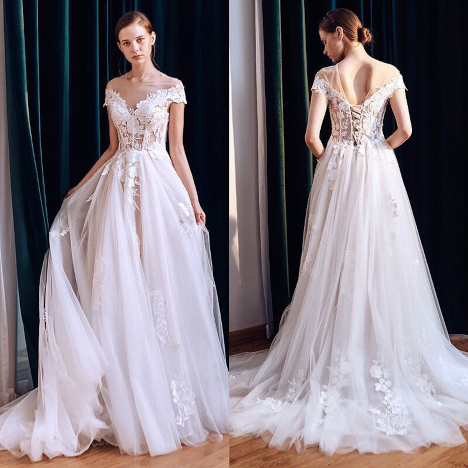 Nude Beige Floral Lace Off-Shoulder A-Line Wedding Dress