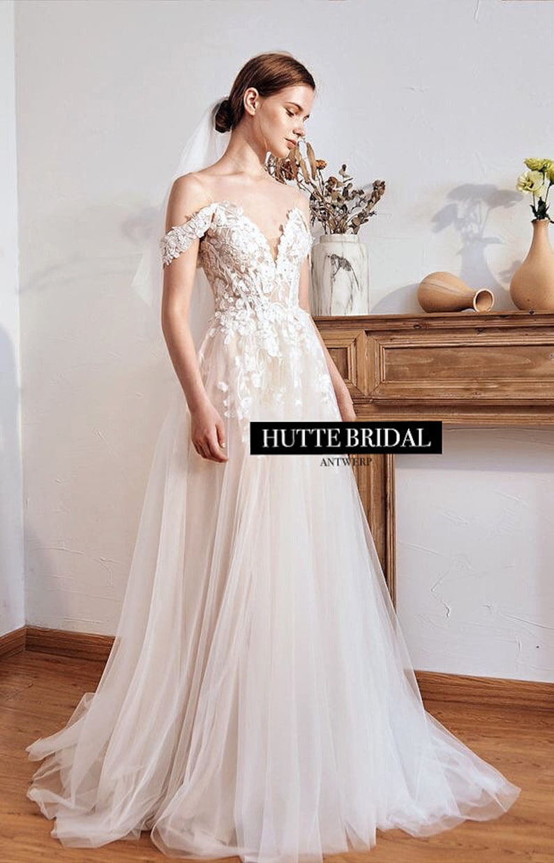 29951 Floral Applique Off-Shoulder A-line Gown