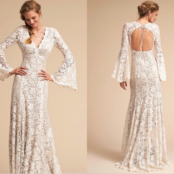 Boho long sleeve wedding dress| Boho gypsy bridal dress| Bohemian beach wedding gown with long sleeves| beach wedding boho wedding dress