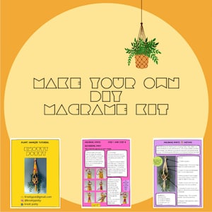 Könnte beinhalten: Ein DIY-Makramee-Set mit Anleitungen zum Herstellen eines Pflanzenhängers. Das Set enthält ein gelbes und rosa farbiges Anleitungsblatt mit dem Text "Knotty Potty" und "Makramee-Knoten".