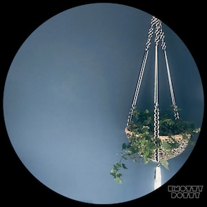 Peut inclure: Un porte-plante en macramé avec un motif de cordon noir et blanc soutient une plante en pot avec des feuilles vertes. Le porte-plante est suspendu à un plafond bleu clair.