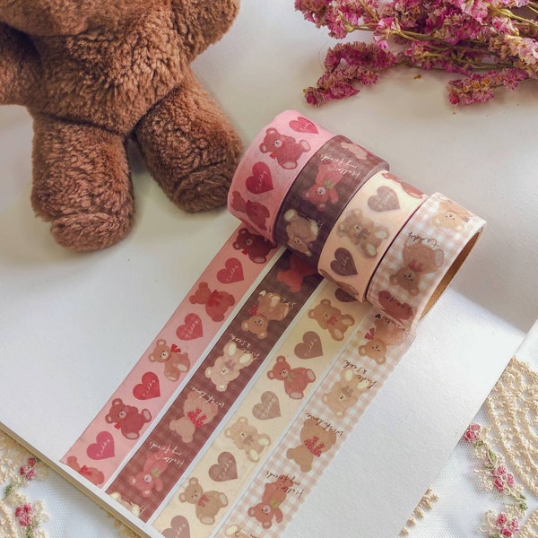 Cinta Washi de oso de peluche, cinta adhesiva de oso de peluche, corazón y cita, papelería japonesa, adhesivo decorativo para scrapbooking, diario, planificador