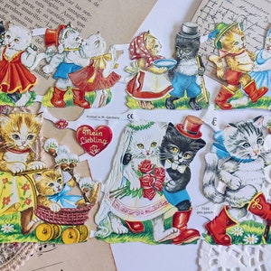 Chats allemands de la Saint-Valentin, chats en relief, chats en relief, découpes vintage des années 50 en relief, couples de chats amoureux, chats en relief allemands