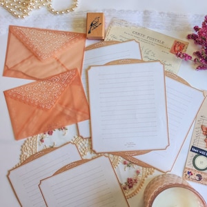 Juego de papelería en coral y rosa Kit de correo postal con motivos florales Suministros vintage para amigos por correspondencia Cartas rayadas para escribir Sobres y pegatinas de cierre