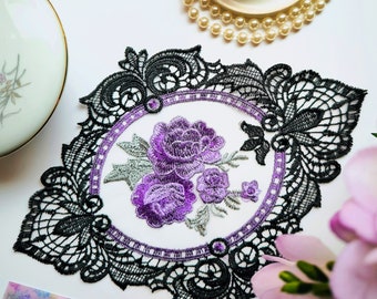 Black Oval Lace Doily, Vintage Style Floral Doily with Purple & Silver Embroidered Flowers, Table lace mat, Home Decor, Table decor, Runner