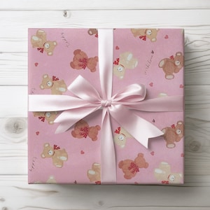 Teddy Bear Wrapping paper roll Vintage bear Gift Wrap Beige plaid and pink Wrap Gift Wrap Birthday Wrapping paper Kawaii present paper