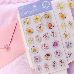 Pegatinas para envolver regalos, hojas de pegatinas con sello de cera transparente autoadhesivas 3D, pegatinas para sobres, pegatinas transparentes con flores secas y copos dorados