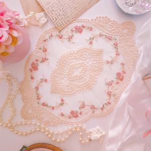 Vintage Floral Lace Oval Doily Pink Embroidered Flower Design in a Vintage Style Doily for Home Decor Japanese Kawaii Charm Lace Doily