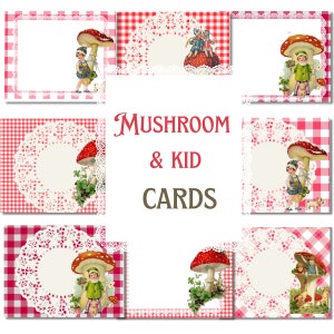 Red Gingham controllato memo pad pagine centrino funghi rossi vintage bambino vittoriano carte stampabili Download immediato Scrapbooking diario spazzatura