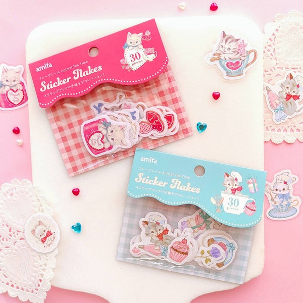 30 Kawaii vinyl stickers, Cute cat and bunny, bakeries and sweets, tea party, love, Kawaii Planner sticker pack, Journal, Penpal, Scrapbook