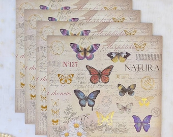 Scrapbook paper, Junk journal pages, Botanical small sheets - Butterflies, Birds, Flowers, stamps and tickets, Kawaii Craft Paper, Collage p