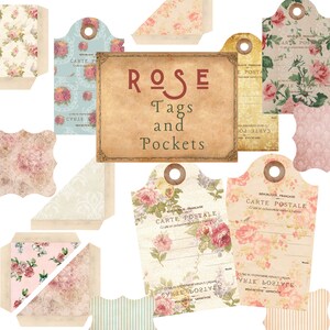Rose et rayures et étiquettes et pages de pochettes Kit de journal indésirable Roses Ephemera Journal indésirable imprimable Ephémère botanique numérique