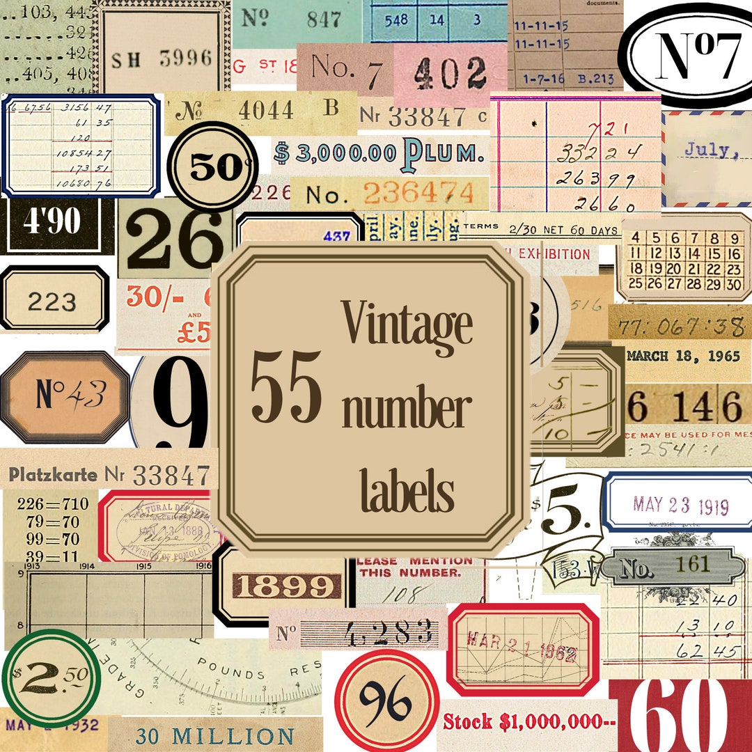 55 Printable Vintage Number Labels Digital Junk Journal Label Kit