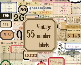 55 Printable Vintage number labels | Digital junk journal label kit | Digital collage papers | Ephemera number kit for smash book, scrapbook