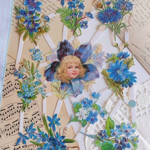 Bouquets de fleurs bleues en relief de style vintage Relief floral bleu allemand Relief de ferraille pour scrapbooking, journaux indésirables, découpes botaniques