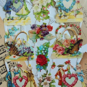Amoureux en relief de style vintage, coeurs et fleurs allemand Die cut Relief couple Rebuts images pour Decoupage Collage Techniques mixtes