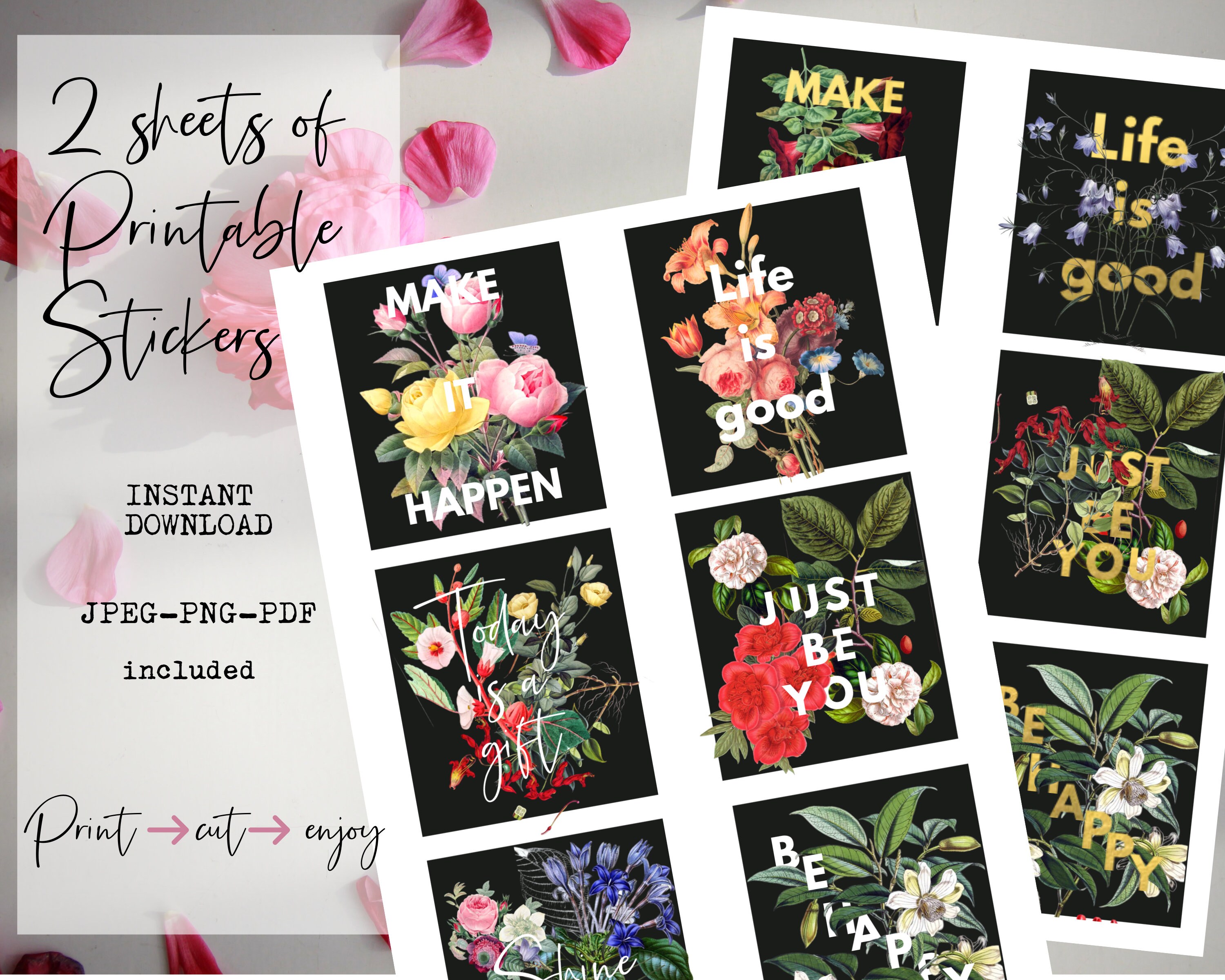 rectangular flowers printable bujo stickers aesthetic etsy