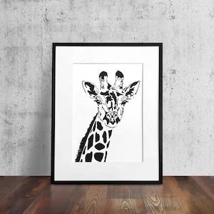 Giraffe drawing, giraffe art, safari animal, hand drawn, art print, A3 A4, African animal art, giraffe portrait, wall art, monochrome,