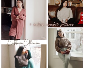 May include: Four crochet patterns for sweaters and cardigans, titled "Caffeine Collection" and "4 modern crochet patterns". The patterns feature a variety of colors and styles, including a pink cardigan, a white sweater, a brown sweater, and a brown and white sweater.