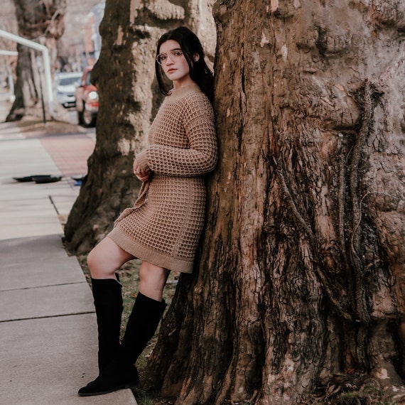 brown sweater dress with black boots Maxime Knit Sweater Dress