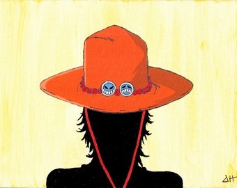 May include: A silhouette of a person wearing a large orange cowboy hat with two blue smiling faces and red beads around the brim. The background is a light yellow.