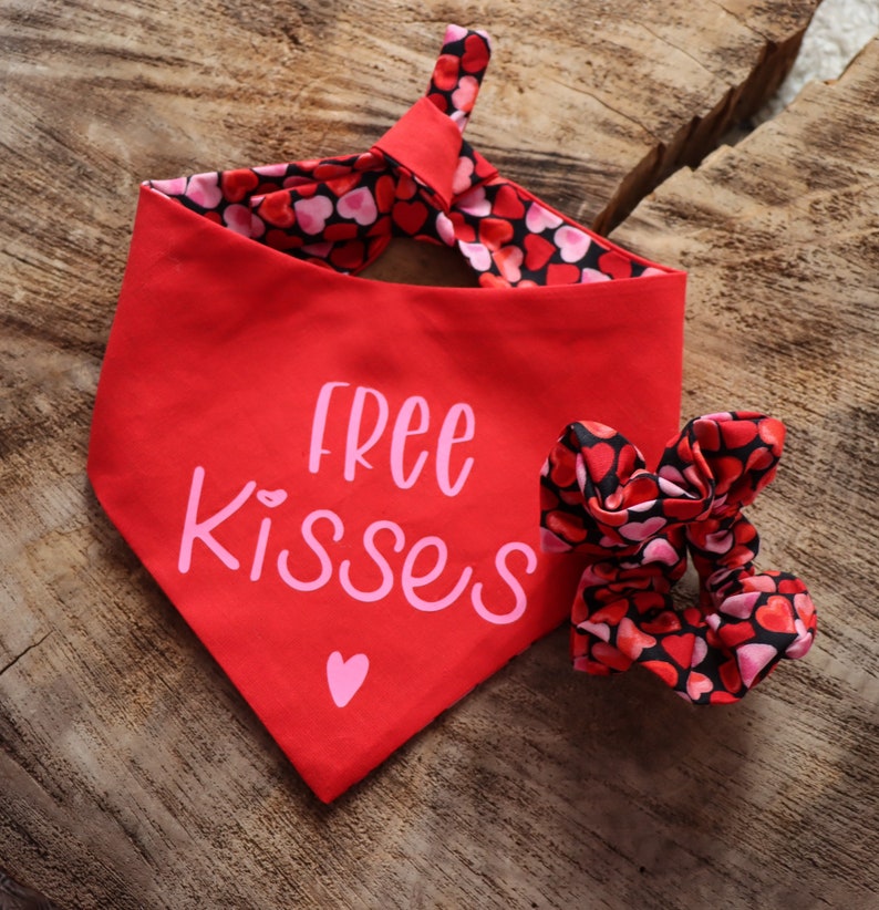 Free Kisses Valentine Dog Pet Reversible Bandana or Scrunchie image 1
