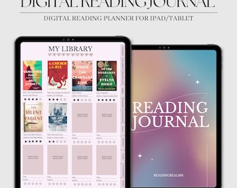 May include: A digital reading journal planner for iPad or tablet. The planner has a pink and white cover with a section for a reading list and a section for a reading journal. The cover has the text "My Library" and "Reading Journal".