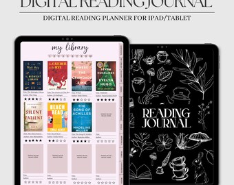Könnte beinhalten: Digitaler Lesetagebuch-Planer für iPad oder Tablet. Der Planer hat ein rosa-weißes Farbschema und umfasst einen Abschnitt für eine Leseliste, einen Abschnitt zum Verfolgen gelesener Bücher und einen Abschnitt für Notizen. Der Planer enthält auch eine Titelseite mit einer Schwarzweißillustration einer Teekanne, Tassen und Blumen.