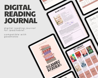Puede incluir: Un diario de lectura digital para iPad o tableta, compatible con Goodnotes. El diario presenta un fondo rosa con una pila de libros y el texto "Reading Journal" en una fuente retro. Otras páginas incluyen una plantilla de reseña de libro, una página "Mi biblioteca" con portadas de libros y un rastreador de "Libros terminados".