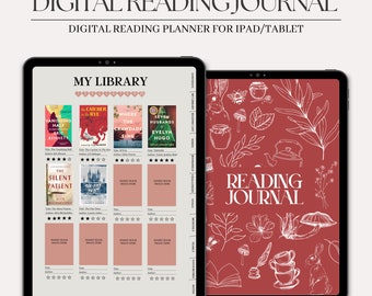 May include: Digital reading journal planner for iPad or tablet. The planner has a pink background with a section for "My Library" and a list of books. The cover of the journal has a red background with white illustrations of teacups, mushrooms, and other nature-themed elements.