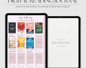 May include: A digital reading journal planner for iPad or tablet. The planner has a pink and white color scheme and includes a section for a reading list, a section for tracking books read, and a section for notes. The planner includes a section for a reading list with book covers and titles, including "The Midnight Library", "The Catcher in the Rye", "Where the Crawdads Sing", and "Seven Husbands of Evelyn Hugo".
