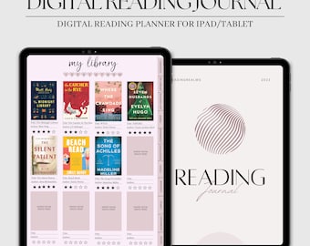 May include: A digital reading journal planner for iPad or tablet. The planner has a pink and white color scheme and includes a section for a reading list, a reading log, and a section for tracking reading goals. The planner also includes a section for notes and a section for challenges.