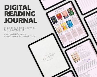 Puede incluir: Diario de lectura digital para iPad o tableta. El diario incluye una página de portada con el texto "Digital Reading Planner", una página para llevar un registro de los libros leídos, una página para reseñas de libros y una página para objetivos de lectura mensuales.