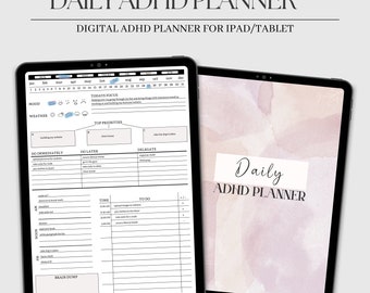 May include: Two digital ADHD planners on tablets. The left tablet displays a detailed daily planner layout with sections for mood, weather, priorities, and to-do lists. The right tablet shows a cover with the text "Daily ADHD Planner".