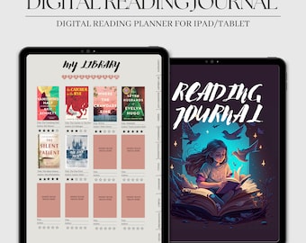 Könnte beinhalten: Digitaler Lesetagebuch-Planer für iPad oder Tablet. Der Planer hat einen Bereich für eine Lesebibliothek mit Buchumschlägen und einen Bereich für ein Lesetagebuch mit einem Mädchen, das auf einem riesigen Buch sitzt, um das Vögel fliegen.