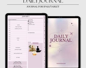 May include: A digital planner app for iPad and tablets with a daily schedule, to-do list, and notes section. The app has a pink and white colour scheme with a minimalist design. The app is open to January 1st and shows a daily schedule with times from 4:00 AM to 24:00. The app also has a to-do list with checkboxes for tasks such as "clean my room", "check emails", "grocery shopping", "call Jess", and "lunch". The app also has a notes section with a drawing of a person meditating.