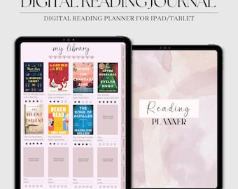 Könnte beinhalten: Digitaler Lesetagebuch-Planer für iPad oder Tablet. Der Planer hat einen rosa und weißen Hintergrund mit einem Abschnitt für eine Leseliste und einem Abschnitt für einen Leseplaner. Der Abschnitt der Leseliste zeigt ein Raster mit Buchumschlägen mit Titeln und Autoren. Der Abschnitt des Leseplaners zeigt eine Liste von Kategorien zur Verfolgung des Leseprozesses.
