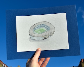 May include: A watercolor illustration of a stadium with a green field and white lines. The stadium is drawn in a realistic style with details like the seats and the roof.