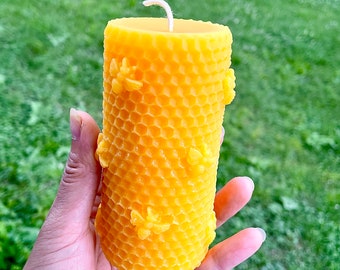 100% Pure beeswax honeybee honeycomb candle - beeswax pillar candle - candle gift - 4.25”