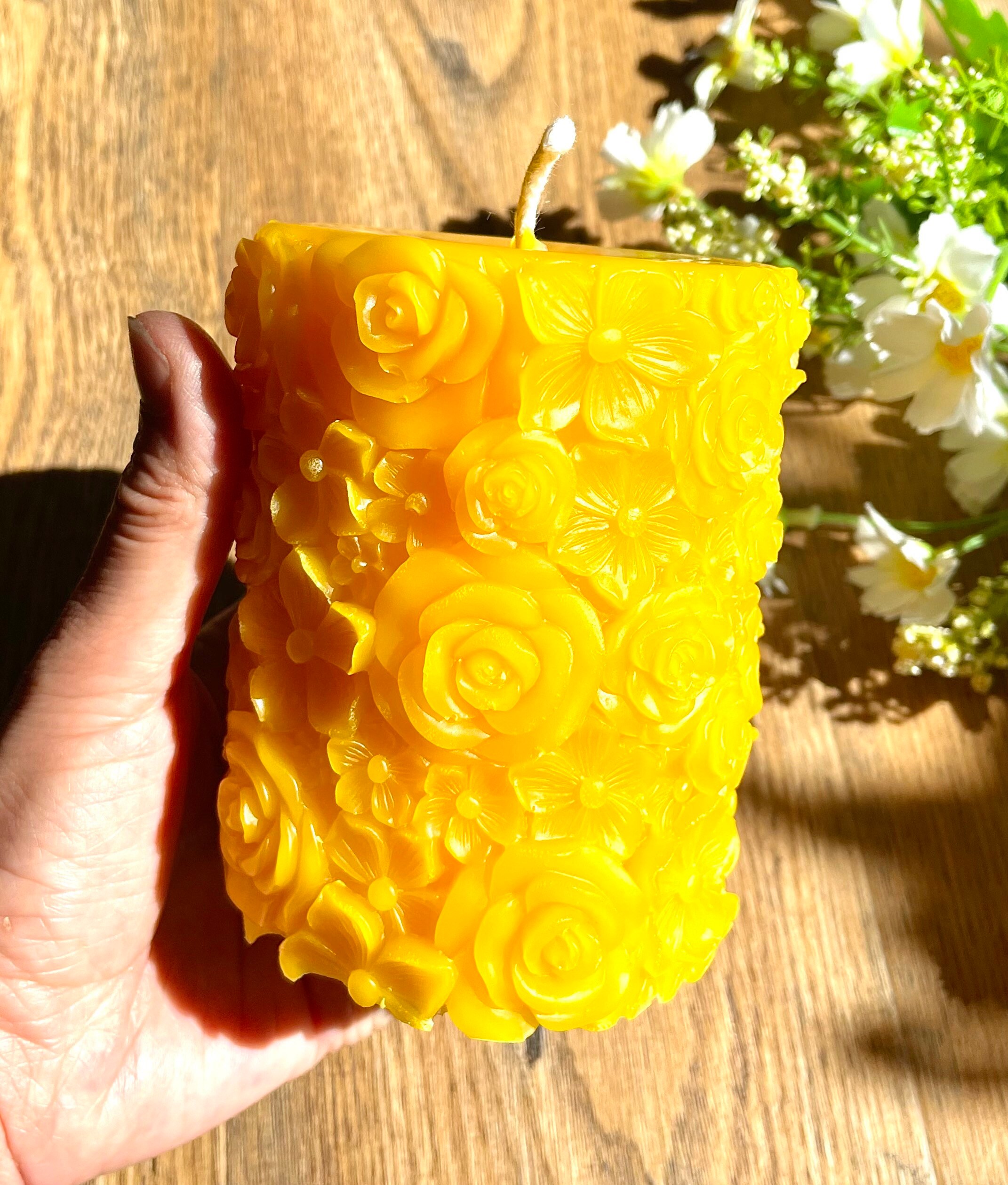100 Pure Beeswax Flower Pillar Candle Flower Bouquet Candle Etsy