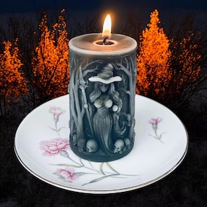 pure beeswax witch with skulls candle - Halloween candle - decorative pillar candle - spell magic ritual altar candle