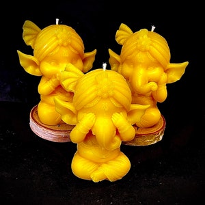 Set of 3 pure beeswax elephant candle - God Ganesha candles - blessing candle- candle gift - elephant statue - 3.75”- see speak hear no evil